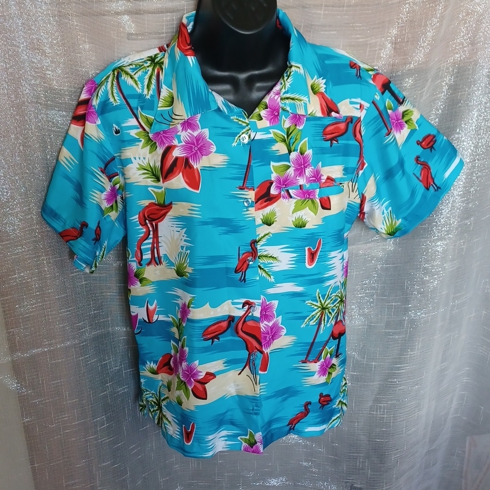 King Kameha Hawaiian print classic collar shirt, flamingo, Torquoise, M
